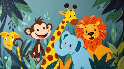 Fototapeta premium Cartoon jungle animals: monkey, giraffe, lion, elephant, and another animal amid leaves and greenery.