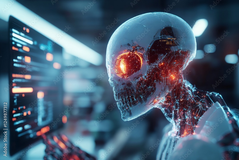 Poster ai driven metallic skull analyzing data in a futuristic laboratory setting during nighttime