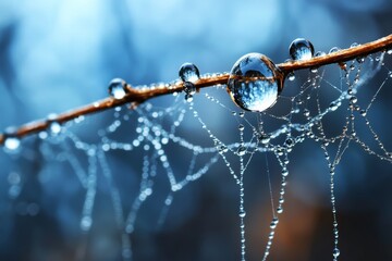 Fototapeta premium Dew drops glisten on a spider web illuminated by morning light in a tranquil forest setting