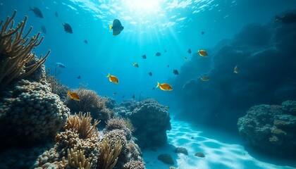 Fototapeta premium Exploring Underwater Coral Reef with Colorful Fish and Sunlight