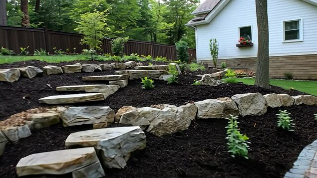 Beautiful stone steps lead through a lush garden in a private home setting
