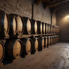 Rows of ancient oak barrels lined up against the wall, wood, old, fermentation