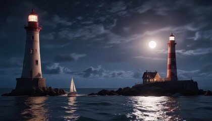 Fototapeta premium Sailboat at night in front of a tall, colorful lighthouse with the full moon reflecting off the waves, boat, ocean, lighthouse