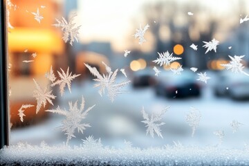 Intricate frost patterns adorn a window with a winter scene outside during sunset