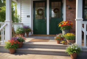 Fototapeta premium Seasonal flowers and greenery on a front porch, natural elements, autumn arrangements