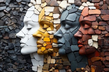 Sculpture of four women's faces representing diversity and unity through color and texture in a...