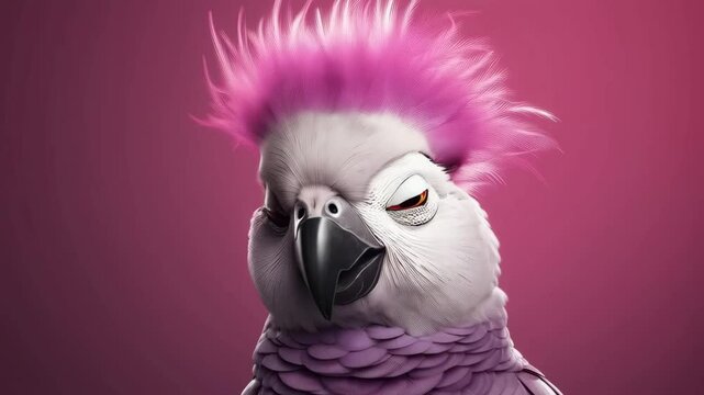 Funny white parrot with pink mohawk hairstyle and sunglasses on purple background. Cool bird character for April Fools Day, Carnival, Summer party
