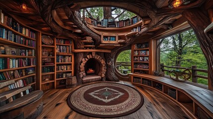 Obraz premium An extensive book collection inside the wooden treehouse library