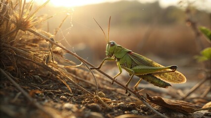 Small green grasshopper on dry vegetation in a warm sunlight showing its tiny legs and wings, dry grasshopper, sunlit background, outdoor scene, wildlife photography, insect life