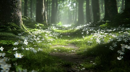 Obraz premium Sunlight path through forest glade filled with flowers