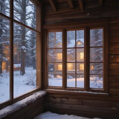 Obraz premium Snowflakes gently fall against the windowpane of a cozy cabin, frosty scene, icy reflection