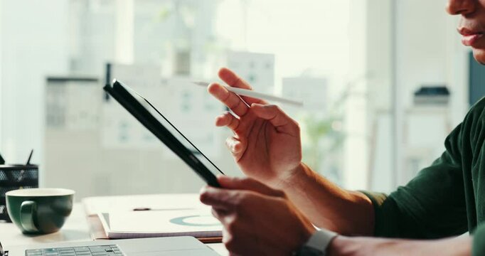 Hands, business and man for thinking on tablet of finance administration, schedule planner and feedback. Accountant, online and research with investment project, funding information and budget report