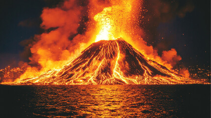 A majestic mountain towers over a fiery lava river flowing down its sides, creating a striking contrast against a deep blue sky, illuminating the landscape with dramatic light