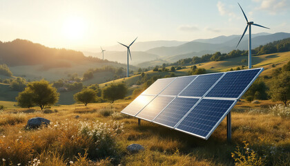 Solar Panel Energy in Scenic Mountain Landscape