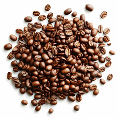 Naklejka premium Coffee beans, pile, top view, isolated white background, for food product, packaging design
