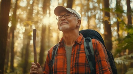 Obraz premium Happy senior man hiking in forest, enjoying nature.