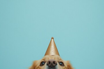 Golden retriever dog wearing a gold party hat against a light blue background. (1)