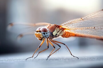 Fototapeta premium Close-up view of a dragonfly resting on a surface in natural light during a warm evening