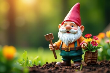 Obraz premium Smiling gnome with flower basket and shovel, ready to plant , planting, earth, spring