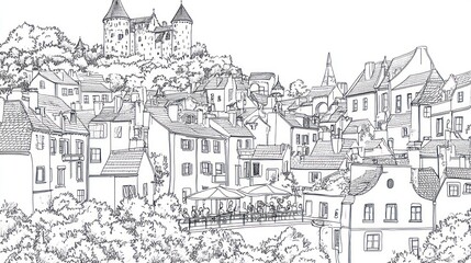 Obraz premium Hilltop castle overlooking town, cafe below, idyllic scene, travel guide