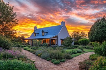 Charming cottage bathed in the warm glow of a vibrant sunset, nestled amidst a meticulously landscaped garden with stone pathways.