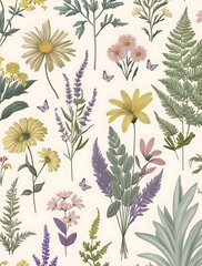 Fototapeta premium Seamless botanical pattern featuring delicate hand-drawn wildflowers, ferns, and leaves on a light background, evoking a vintage nature-inspired aesthetic perfect for textiles and wallpapers