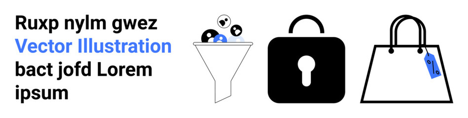 Funnel sorting information into clear outputs, a padlock representing security, and a branded shopping bag. Ideal for online marketing, data management, e-commerce, cybersecurity, retail design, user