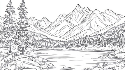 Mountain lake serene landscape, coloring page, nature