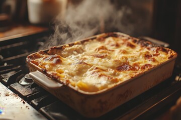 Steaming lasagna, kitchen stove, home cooking