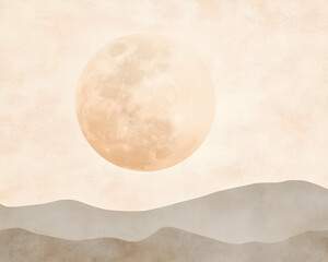 Serene Landscape with a Large Soft Moon Rising Above Muted Rolling Hills Under a Pastel Sky