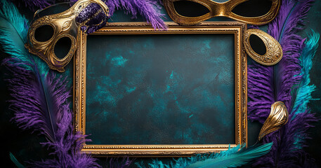 A festive Mardi Gras backdrop showcases teal and purple feathers, shimmering gold masquerade masks, and an ornate vintage frame, creating an elegant decorative display.
