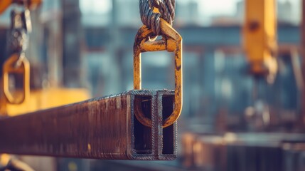 A construction crane lifting steel beams, focusing on the hook and cables as they securely hold the heavy load.