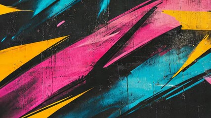 Colorful abstract mural featuring bold pink, yellow, and blue strokes on a textured black background