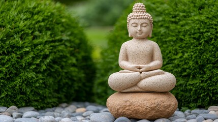 Obraz premium Serene Beige Buddha Statue in a Lush Green Garden