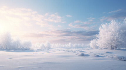 Snowy Winter Landscape Background with Frosty Trees and Clear Sky