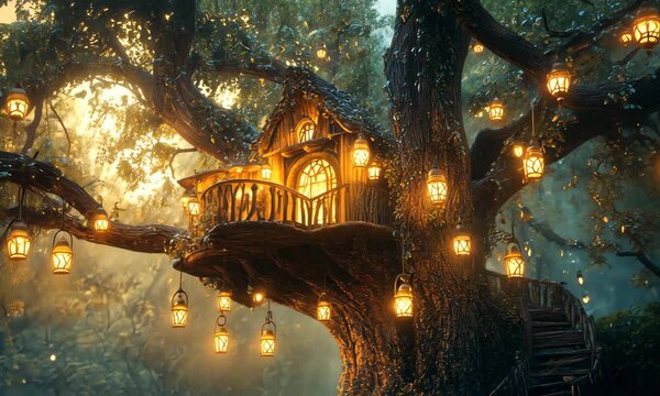 Enchanted treehouse with glowing lanterns in a mystical forest with ai generated