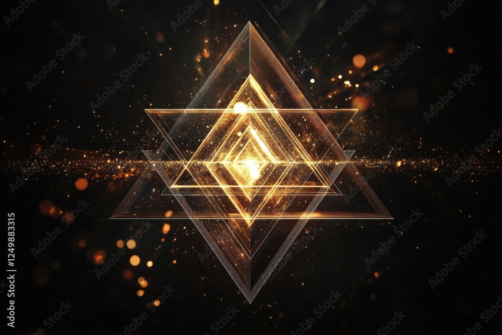 Wall mural Golden geometric triangular shapes are nested together with glowing particles