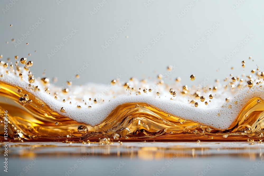 Poster detailed close-up of sparkling liquid with foam creating interesting shapes and reflections against 
