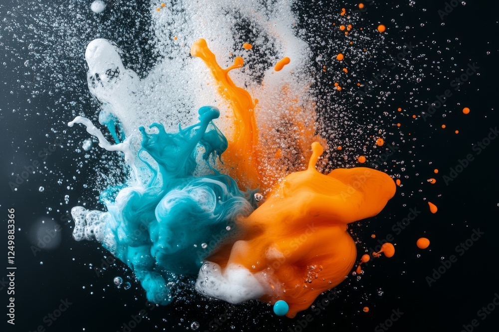 Poster colorful splashes of orange and blue paint create dynamic patterns in a dark background with bubbles