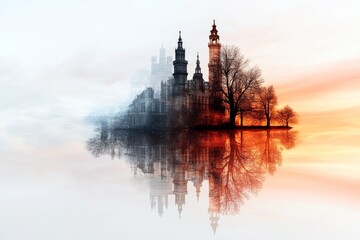 Fototapeta premium Captivating sunset reflection of an ancient castle and trees in serene waters