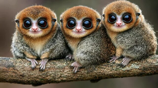 Three adorable monkeys sit on a branch in a natural habitat capturing the playful spirit of wildlife