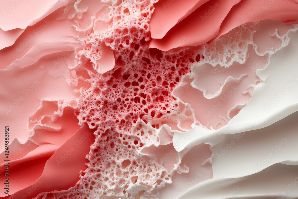 Poster swirls of soft pink and white foam create an abstract pattern resembling waves and textures on a ser