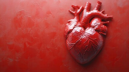 Naklejka premium Realistic anatomical heart sculpture on a vibrant red background, showcasing intricate details