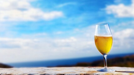 Sparkling Yellow Beverage in Glass Against Ocean and Sky