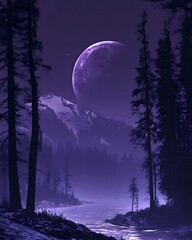 Serene Night Landscape With Tall Evergreen Trees By A River Under A Purple Moon