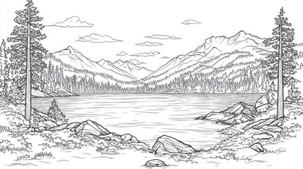 Serene mountain lake, tranquil nature scene, ideal for calming designs