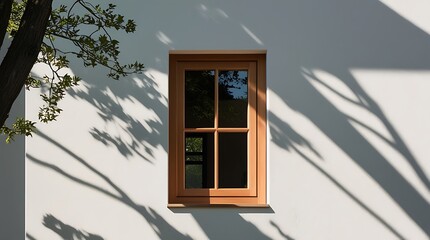 Sunlit white wall featuring a wooden window and striking tree shadows, showcasing a contemporary architectural design with a balance of light, nature, and geometric elegance

