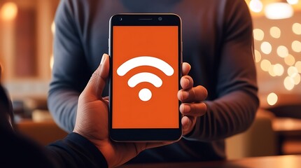 Close-up of hands holding a smartphone with a WiFi symbol on the screen, representing wireless internet access, mobile connectivity, and online communication in a coffee shop


