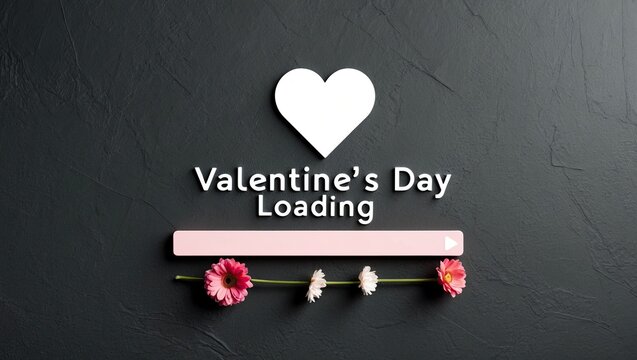 Minimalist flatlay style composition of valentines day loading with heart symbol and grey background  