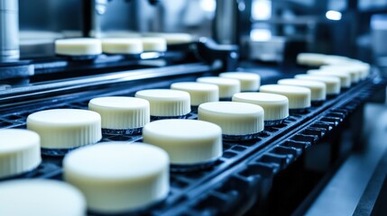 Obraz premium Production line of white cream-filled containers moving through a factory setting with machinery